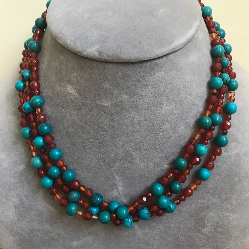 Genuine Turquoise & Carnelian 3 strand necklace